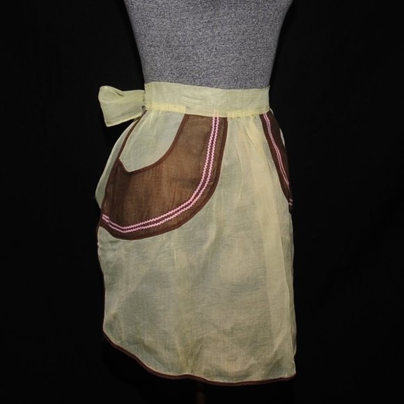 Vintage 50s Yellow Organza Fancy Hostess Apron Brown Circle Pockets w/ Rick Rack - Picture 5 of 8